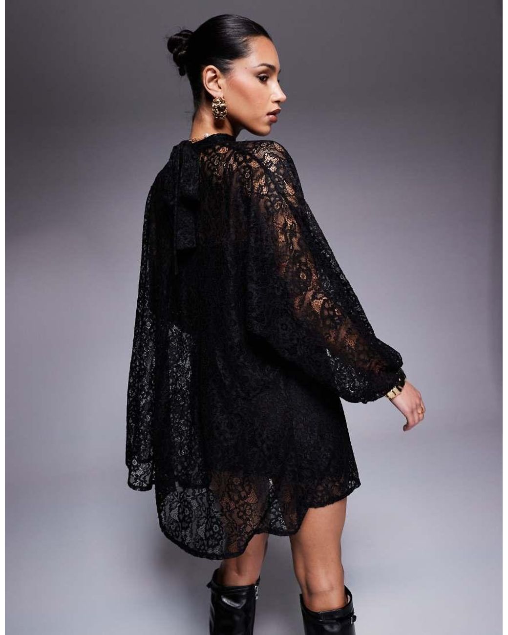 ASOS Black Twist Neck Tie Blouson Sleeve Mini Lace Dress