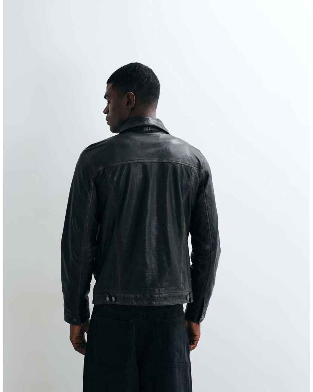 Barney's Originals Black Washed Real Leather Trucker Jacket for men
