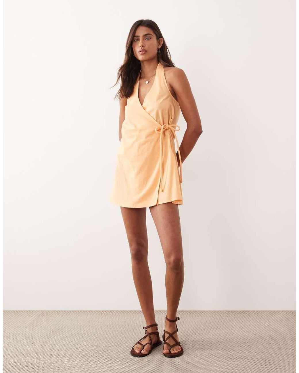 ASOS Natural Cotton-linen Blend Halter Neck Wrap Mini Sundress