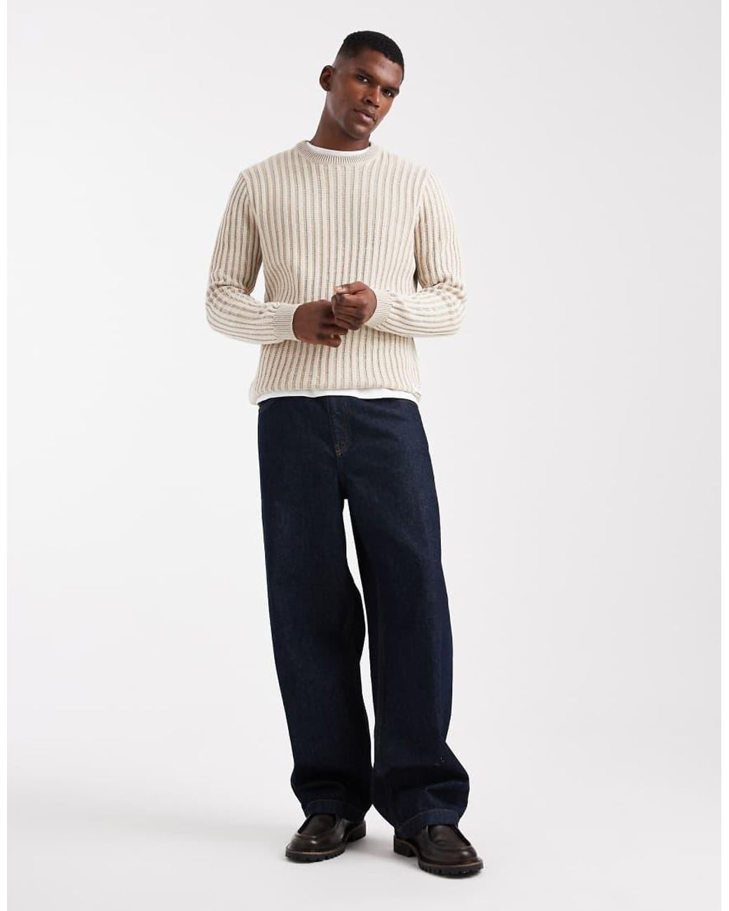 Only & Sons Regular-Fit Gebreide Gestreepte Trui Met Textuur in het White voor heren