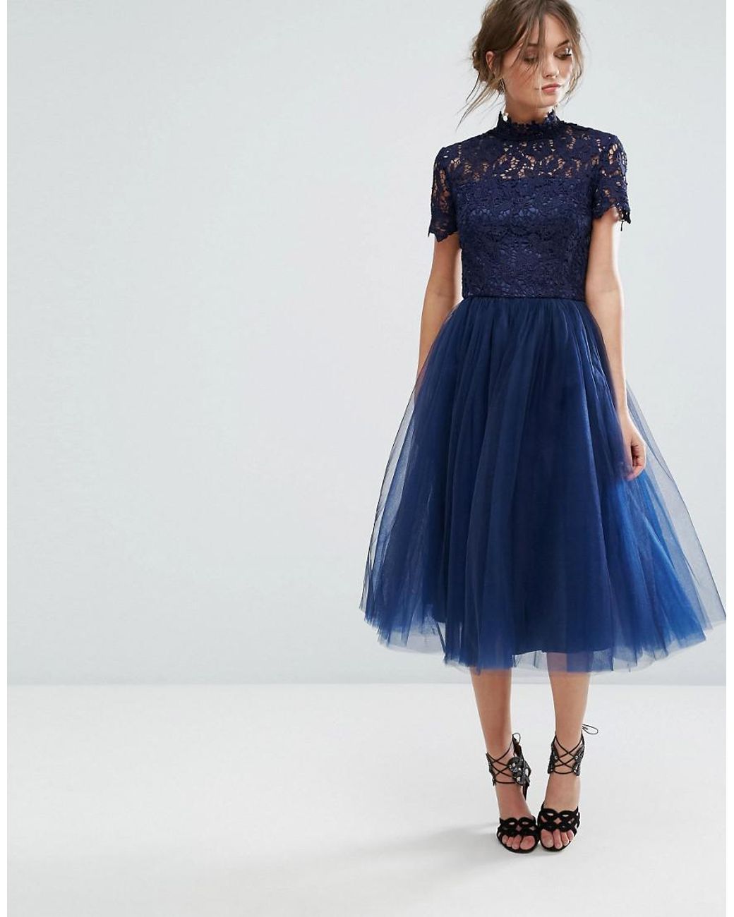 Chi Chi London High Neck Lace Midi Dress With Tulle Skirt in Blue | Lyst UK