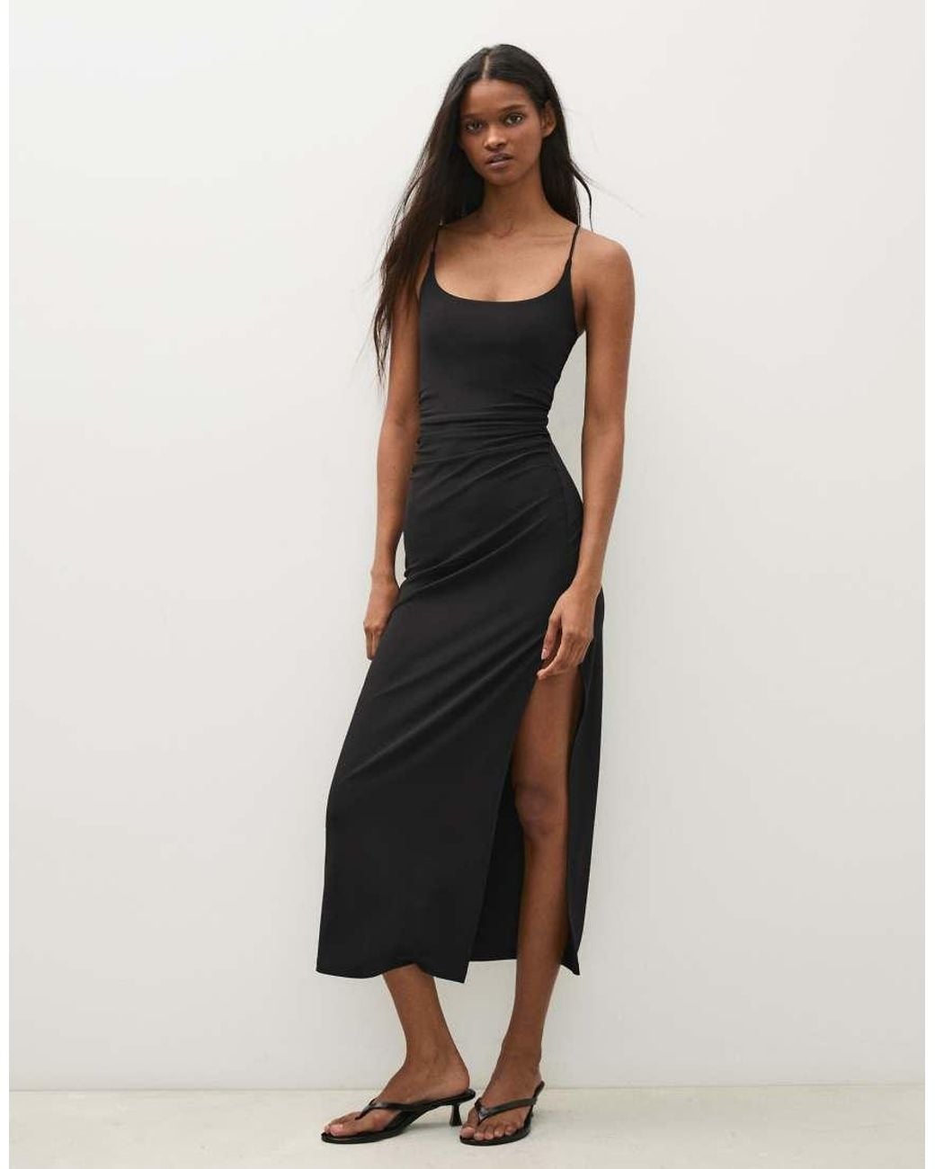 Bershka Black Gathered Strap Midi Dress