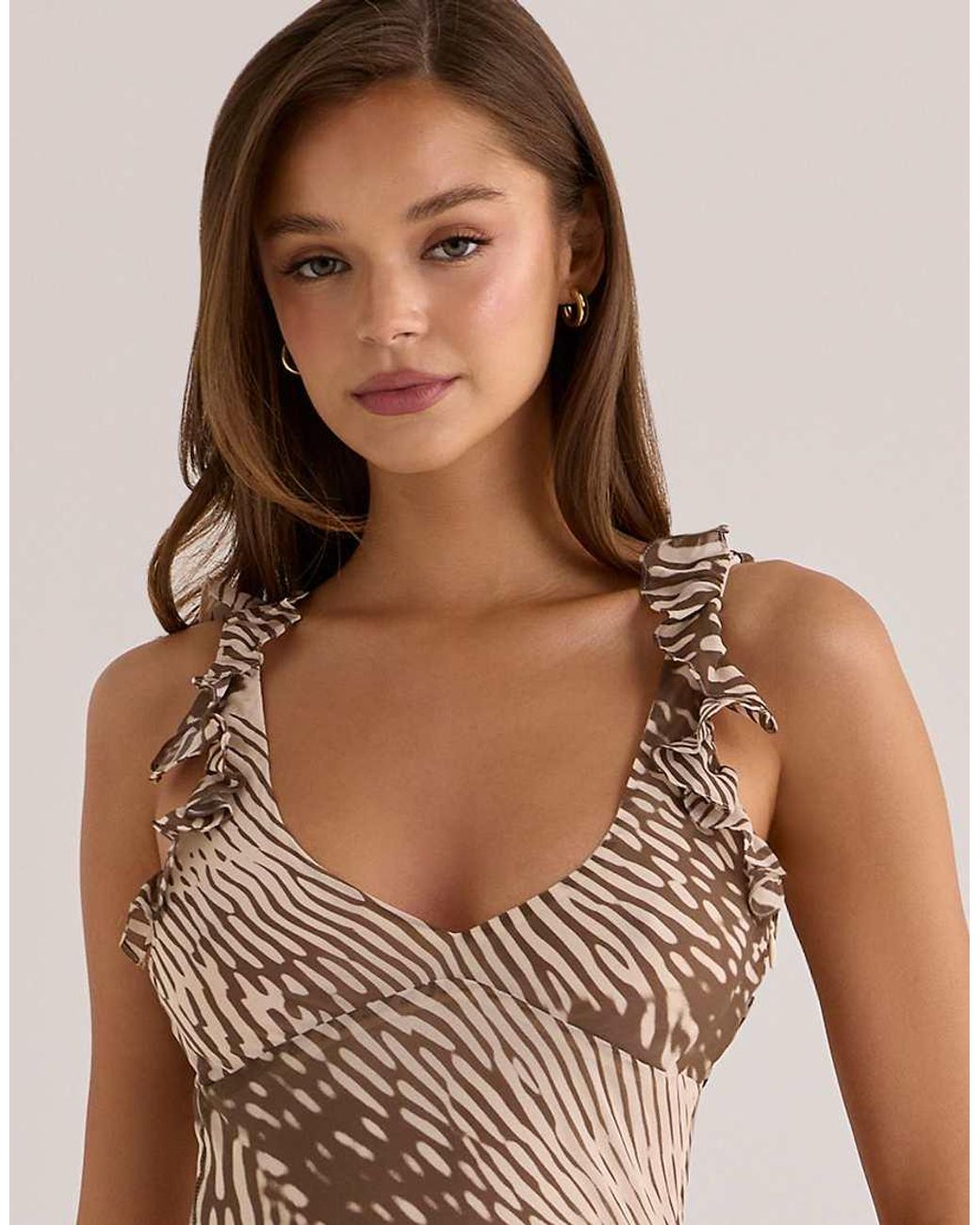 House Of Cb Natural Pixie Printed Georgette Ruffle Maxi Dress