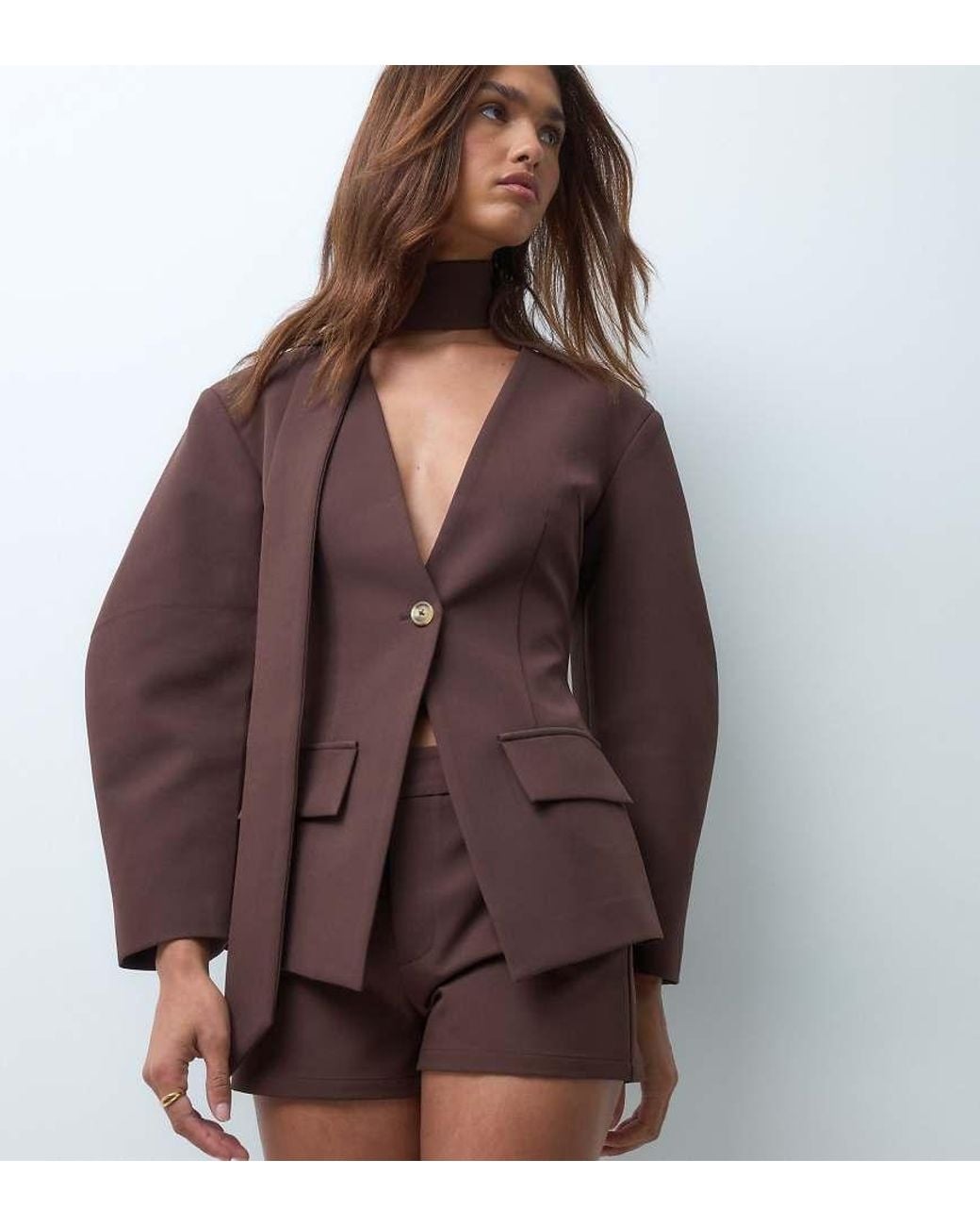 The Frolic Brown Exclusive Scarf Detail Balloon Sleeve Blazer Set