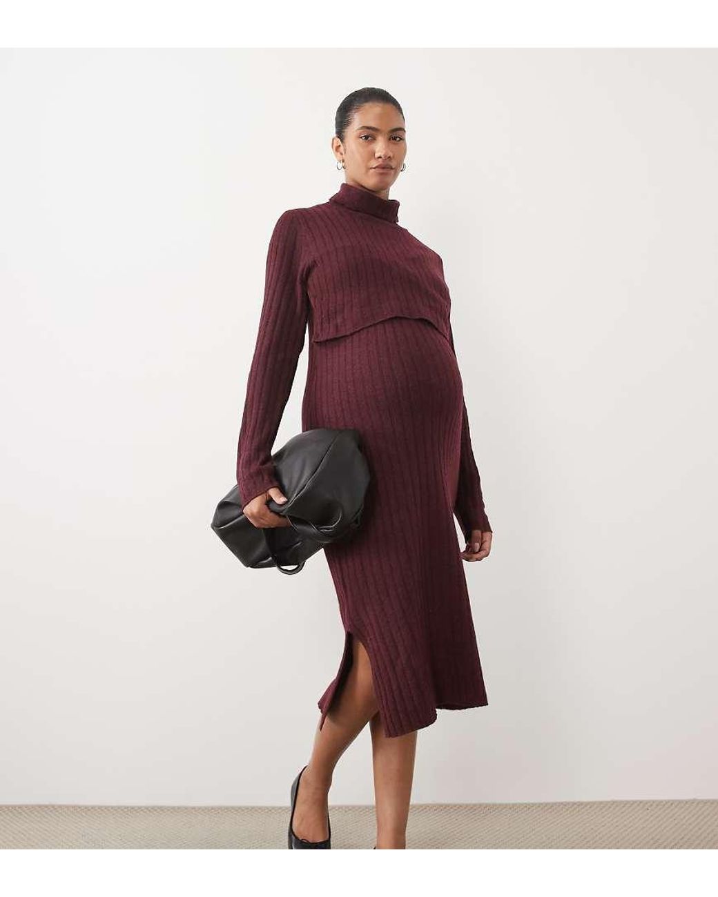 Mama.licious Red Mamalicious Maternity Soft Knitted Rib Midi Dress With Nursing Function