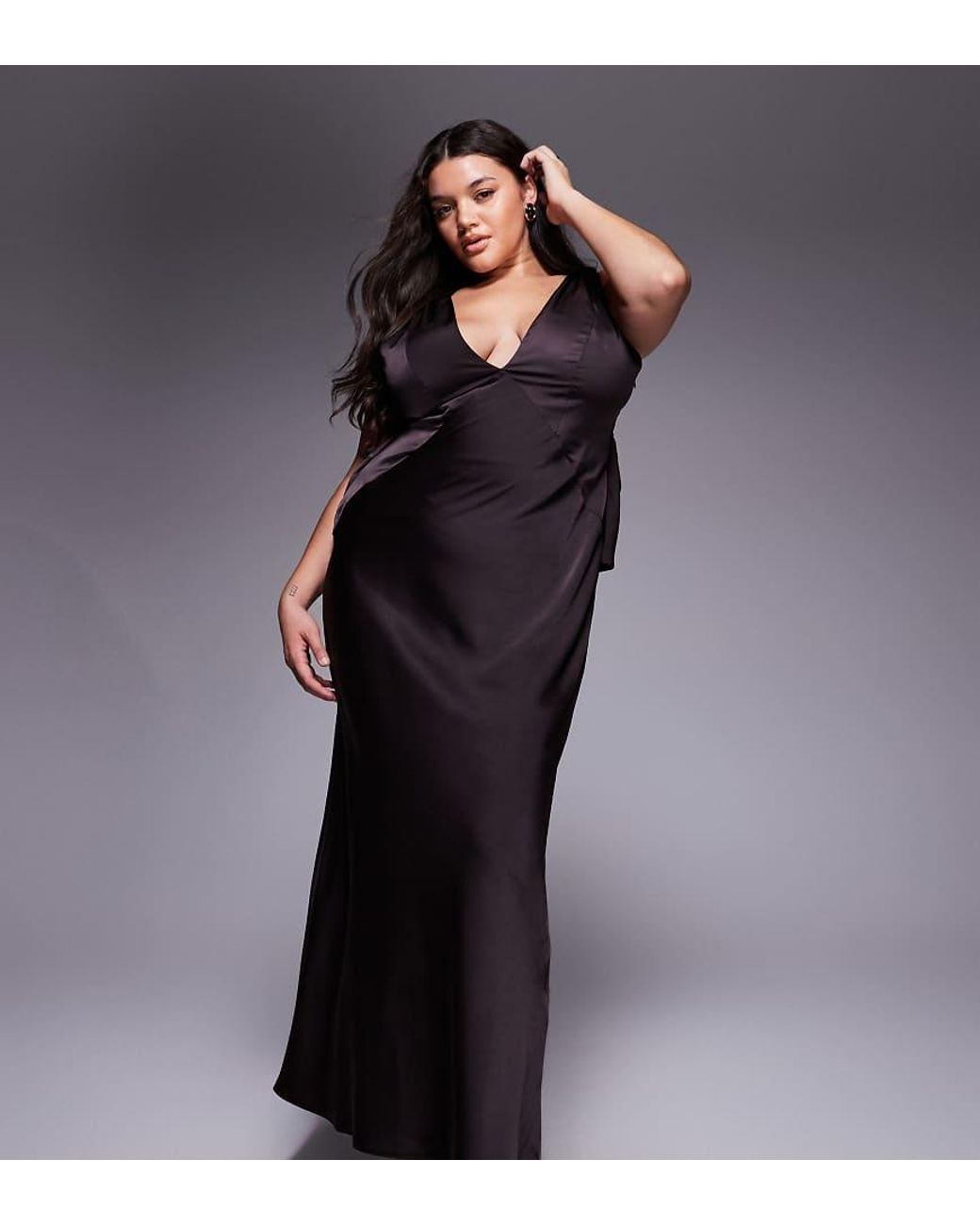 ASOS Blue Asos Design Curve Satin Plunge Maxi Dress With Knot Shoulder And Deep Cowl Back