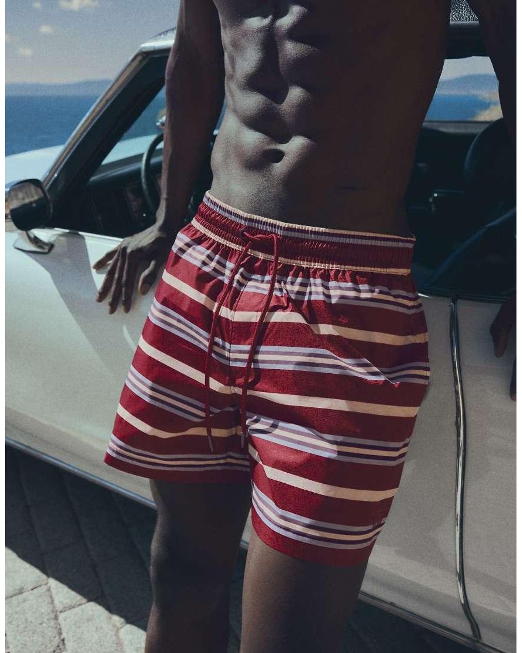 Bershka Blue Boxy Striped Swim Shorts for men