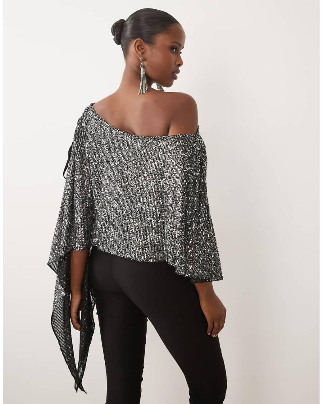 ASOS Gray Sequin Asymmetrical Off The Shoulder Cape Sleeve Top