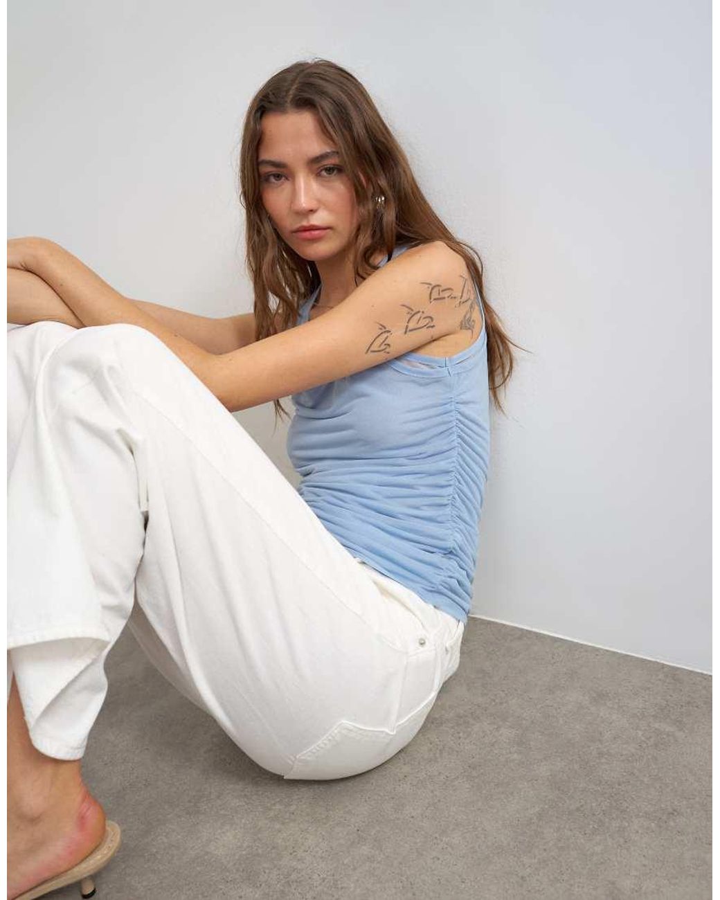 TOPSHOP Blue Mesh Double Layer Ruched Top