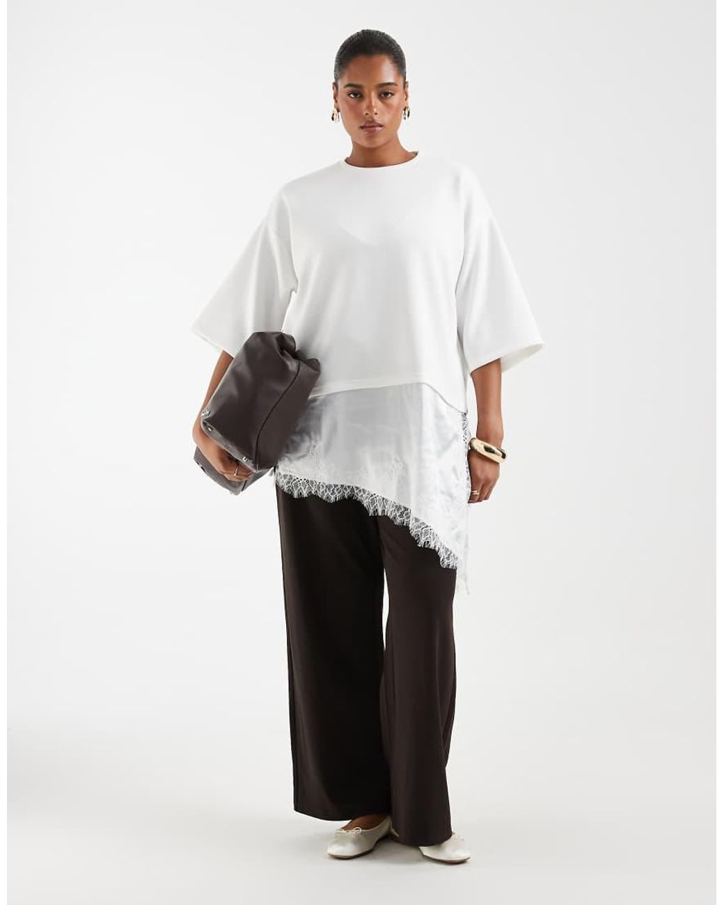 Vero Moda White Oversized Asymmetric T-shirt With Lace Trim