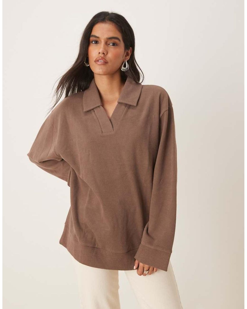 ASOS Brown Supersoft Rugby Collar Long Sleeve Tee