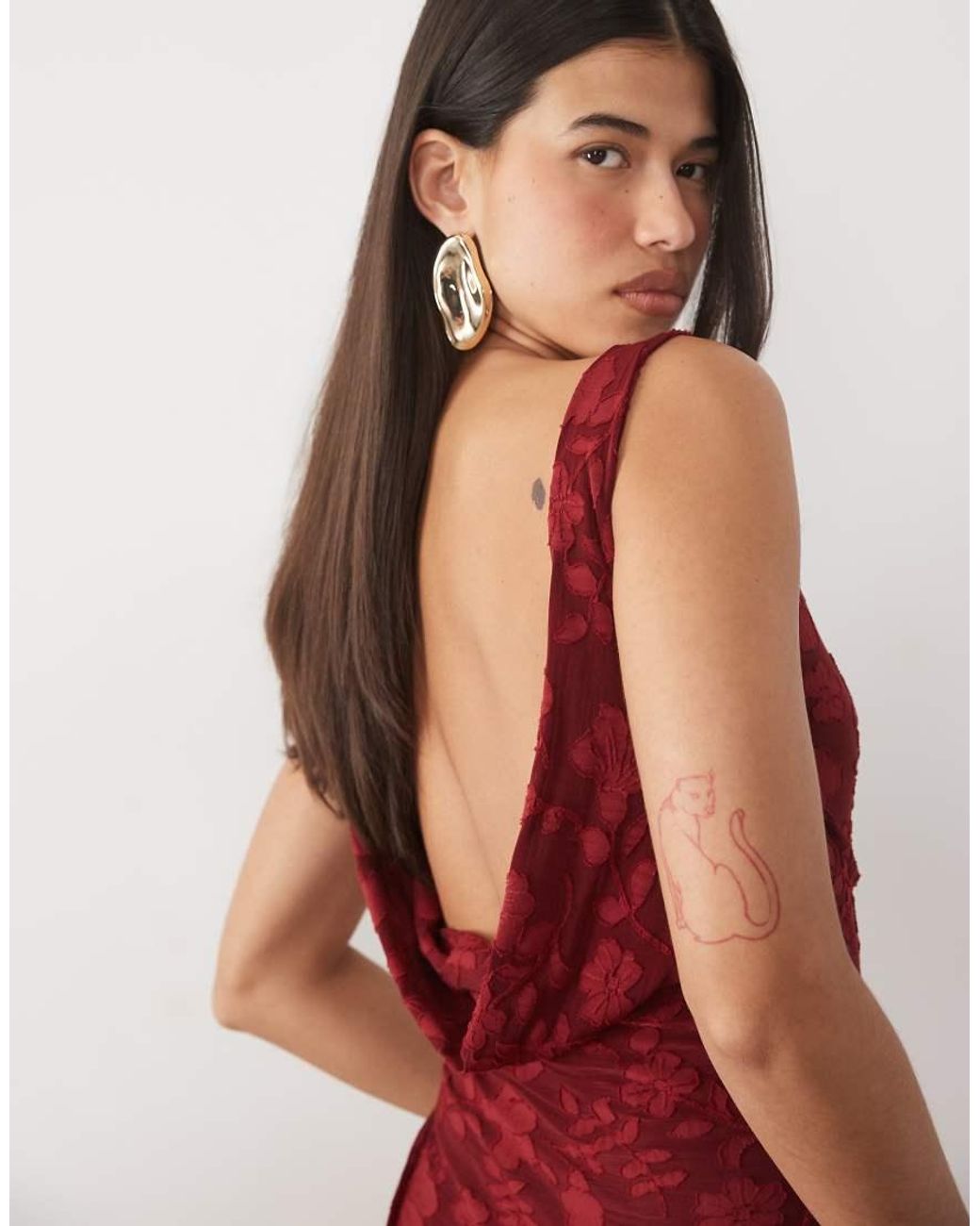 ASOS Red Raw Seam Cowl Back Devore Maxi Dress