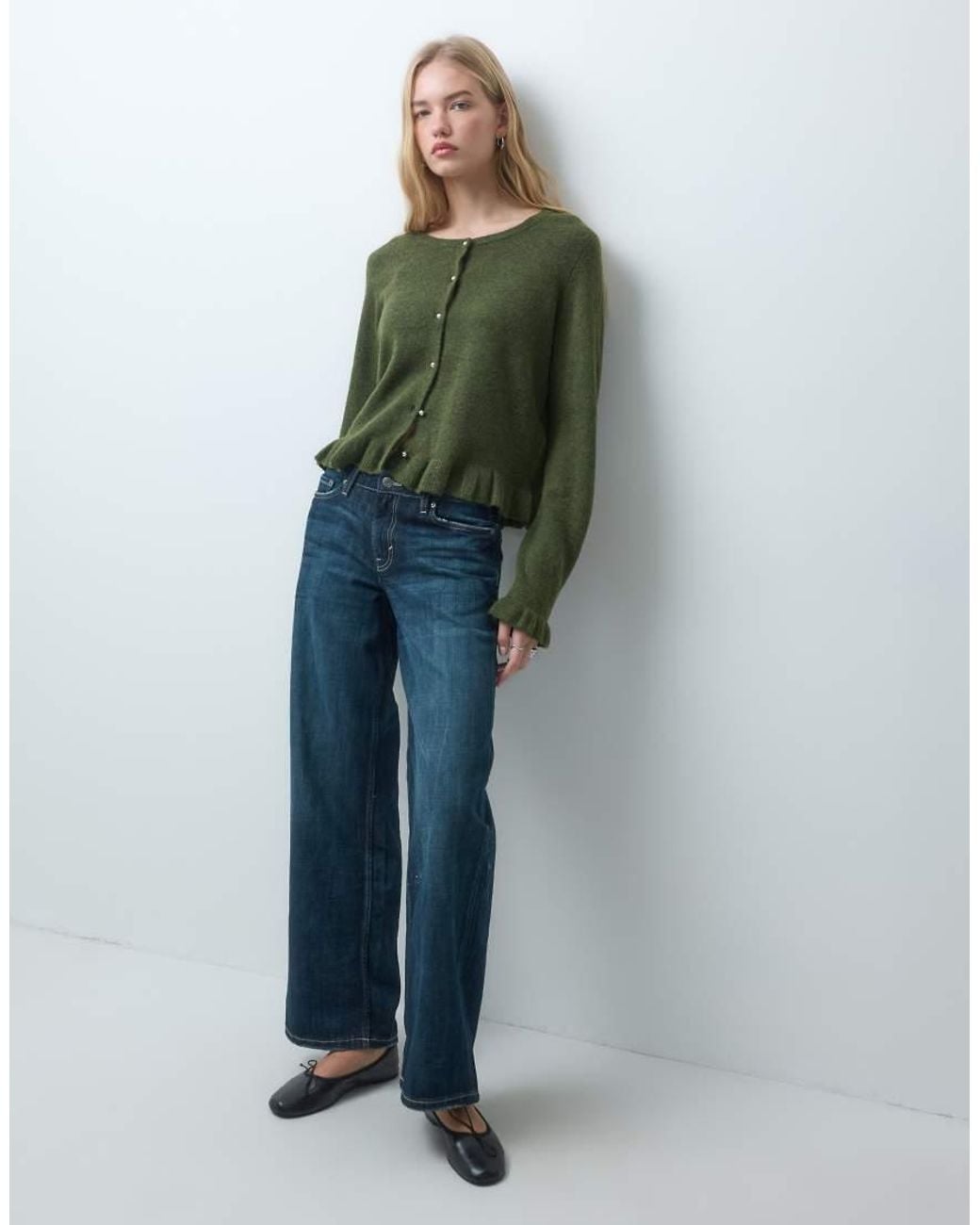 Pieces Green Frill Cuff Button Detail Cardigan