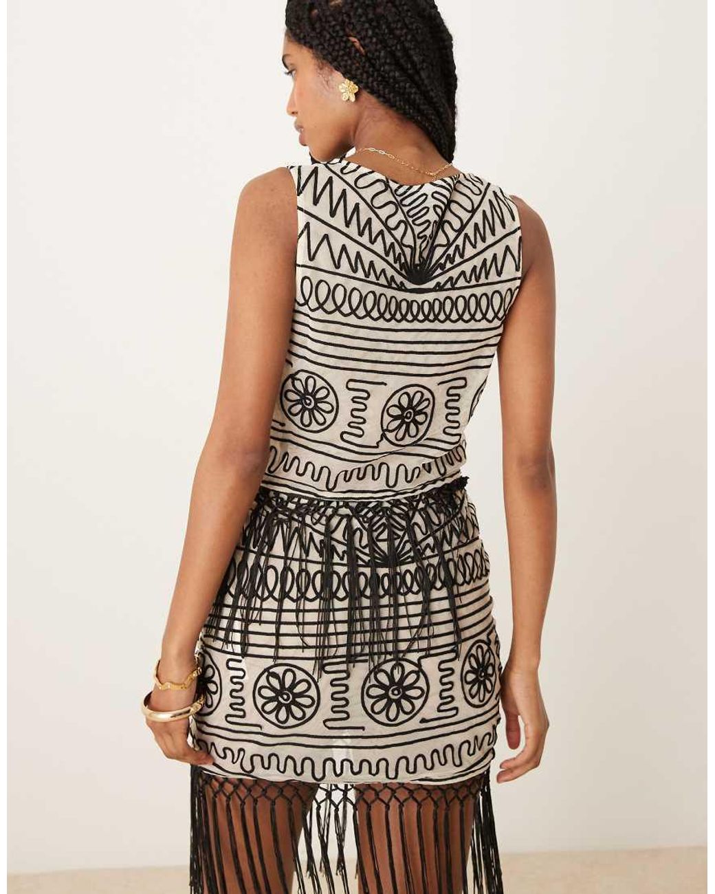 ASOS Multicolor Embroidered Mesh Fringed Top