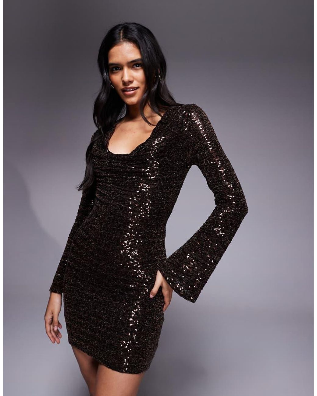 ASOS Brown Sequin Cowl Neck Long Sleeve Mini Dress