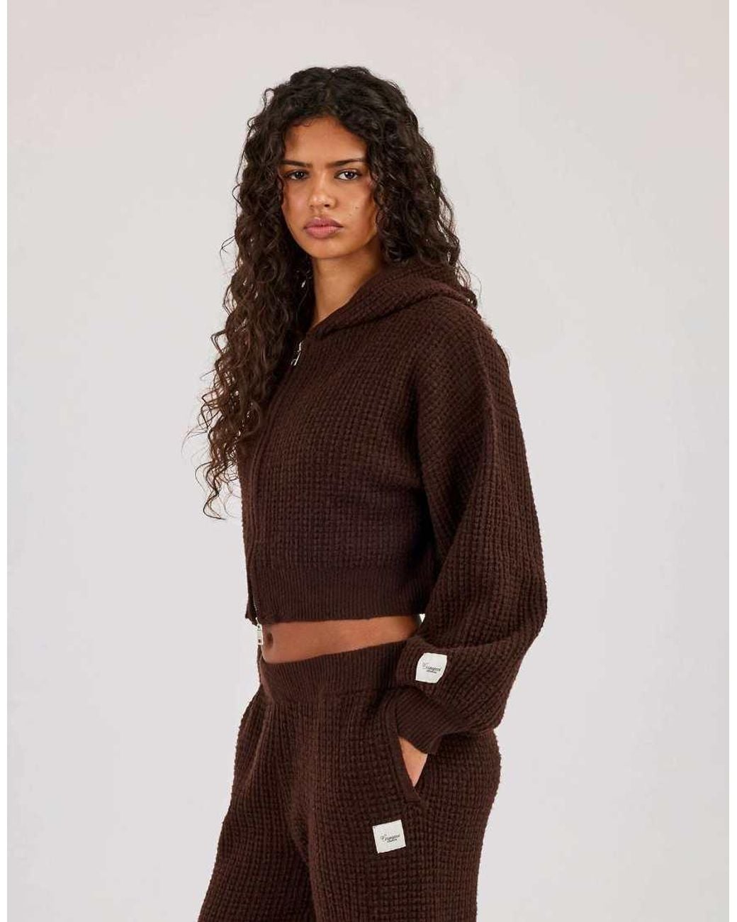 CERNUCCI Brown Waffle Knit Cropped Zip Through Hoodie