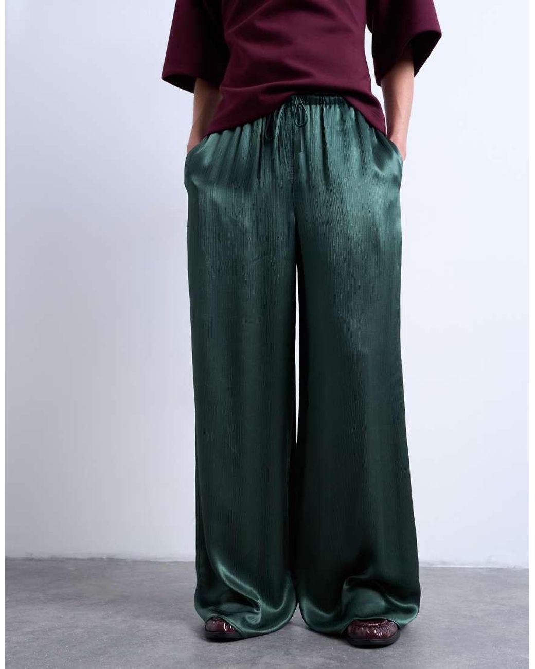 TOPSHOP Red Crinkle Satin Wide Leg Trouser