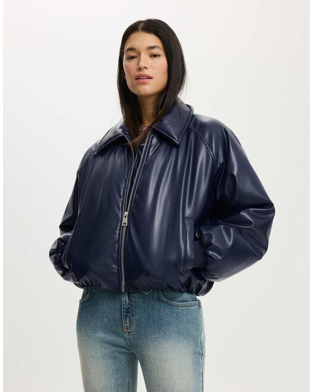 Cotton On Blue Faux Leather Puff Bomber