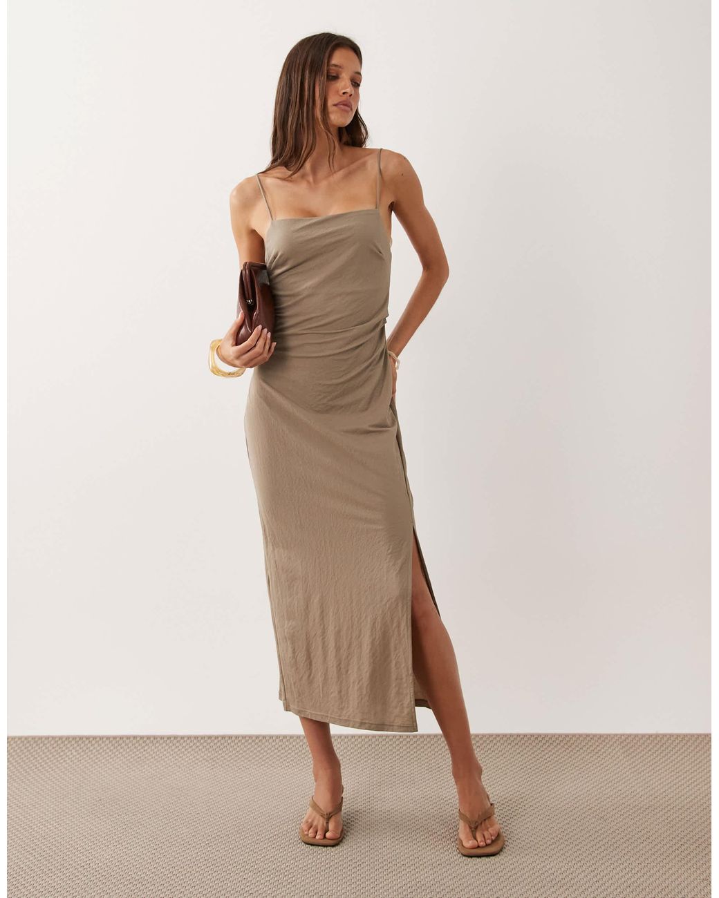 Mango Natural Square Neck Split Hem Midi Dress
