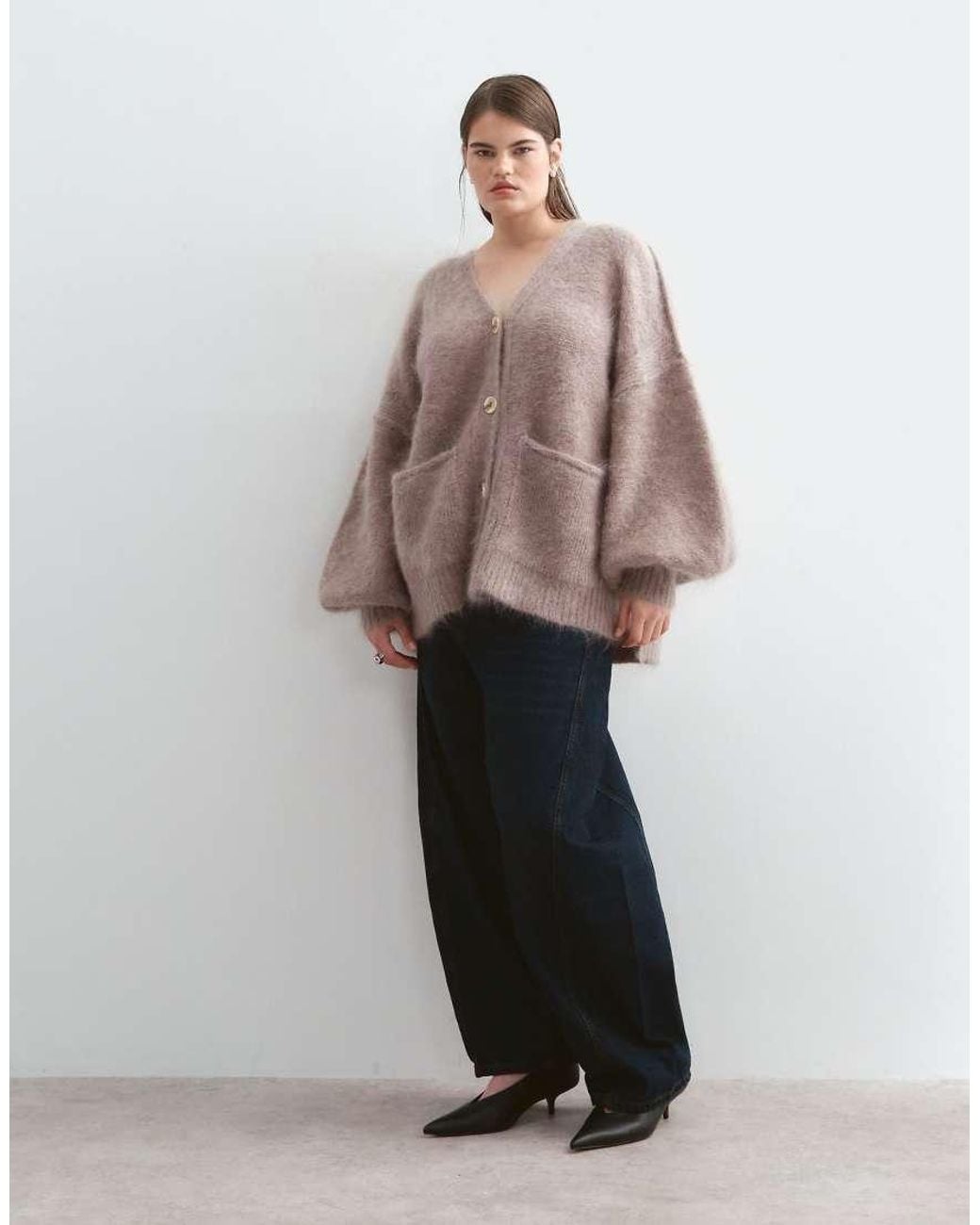 ARRANGE Brown Curve Premium Oversized Mohair Rich Cardigan