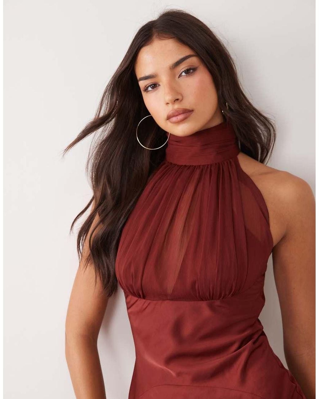 ASOS Red High Neck Satin Maxi Dress With Ruched Chiffon Detail