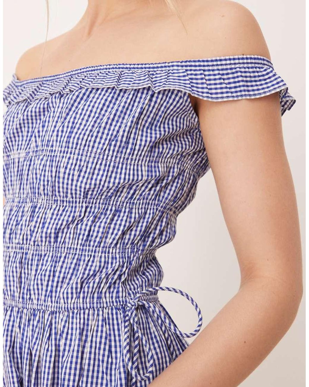 Glamorous Blue Shirred Off Shoulder Mini Dress