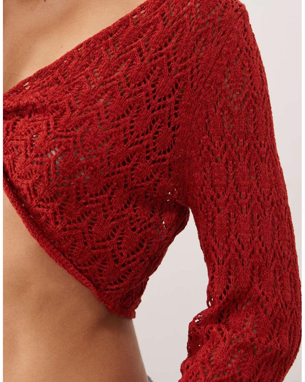 Miss Selfridge Red Crochet Twist Detail Long Sleeve Top