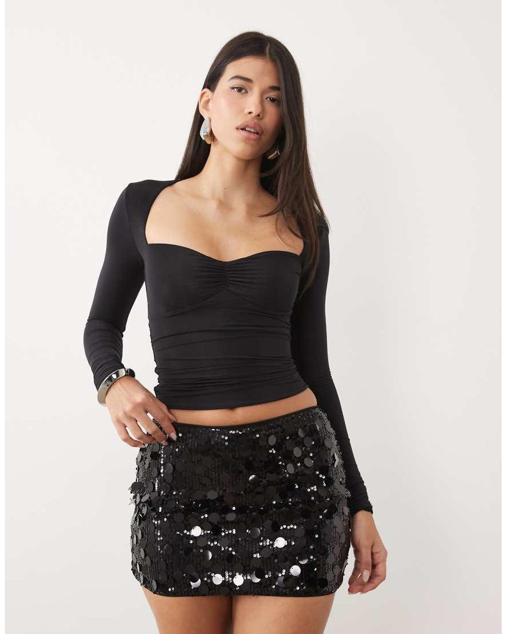 Kaiia Black Exclusive Disc Sequin Mid Waist Mini Skirt