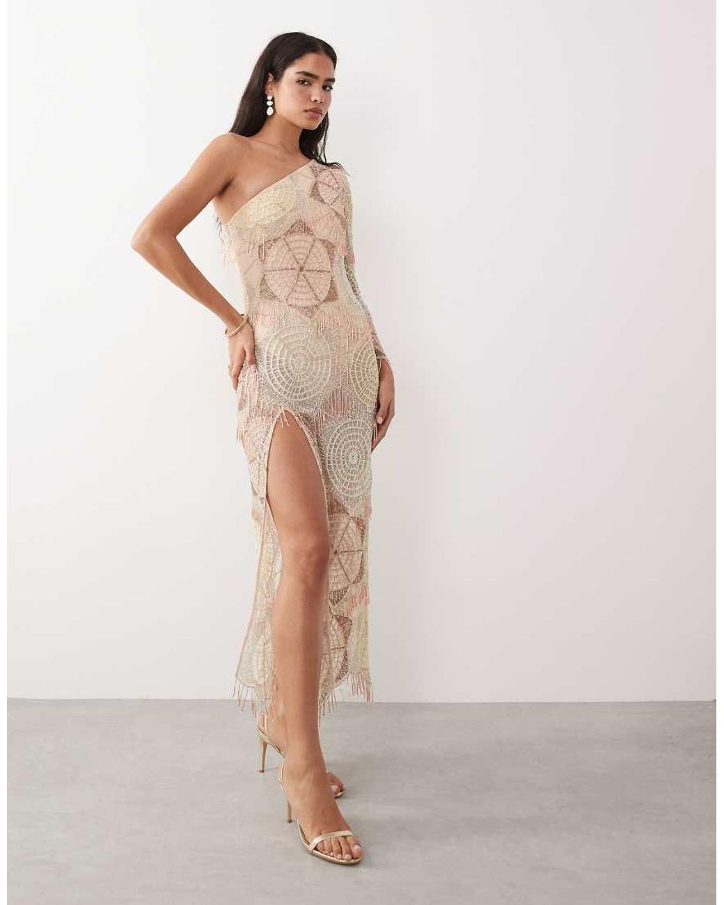 ASOS Brown Embellished Crochet One Shoulder Maxi Dress With Split