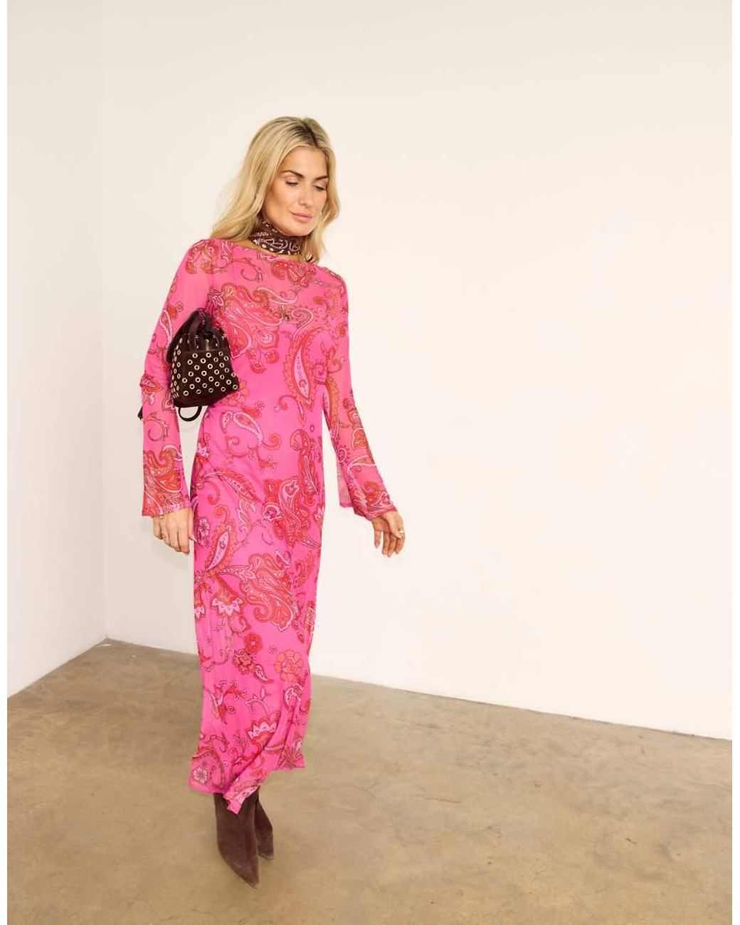 Never Fully Dressed Pink Mesh Slash Neck Flared Sleeve Maxi Dress