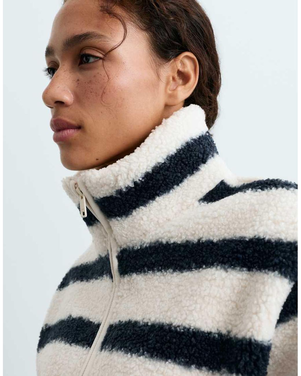 Oysho Blue Striped Faux-Shearling Jacket