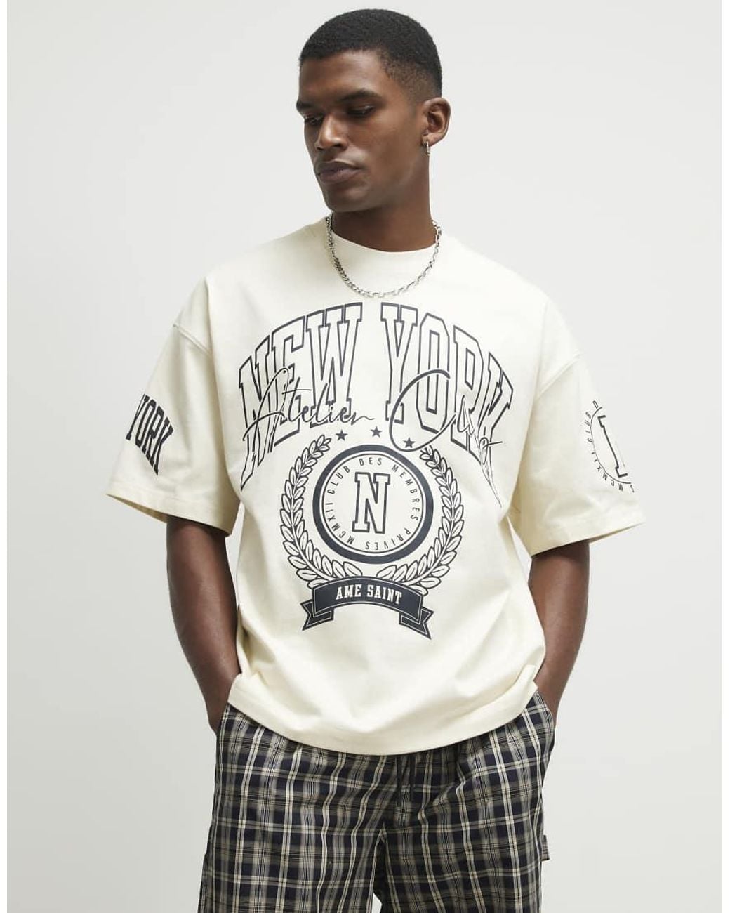 River Island Metallic Oversized Fit Cotton New York T-Shirt for men