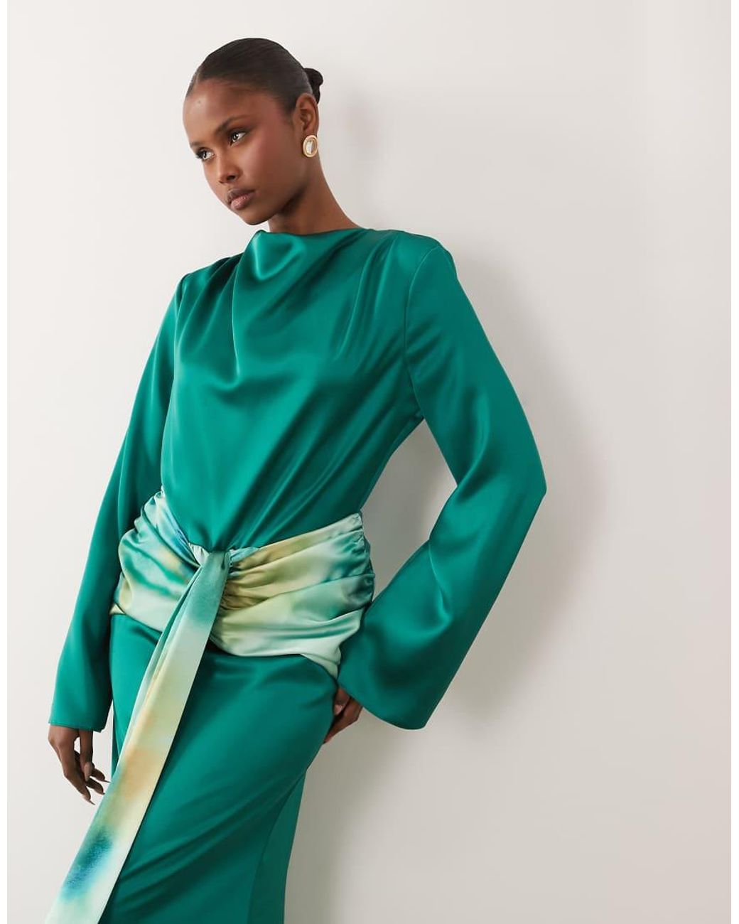 DASKA Green Satin Drape Maxi Dress With Contrast Tie Detail