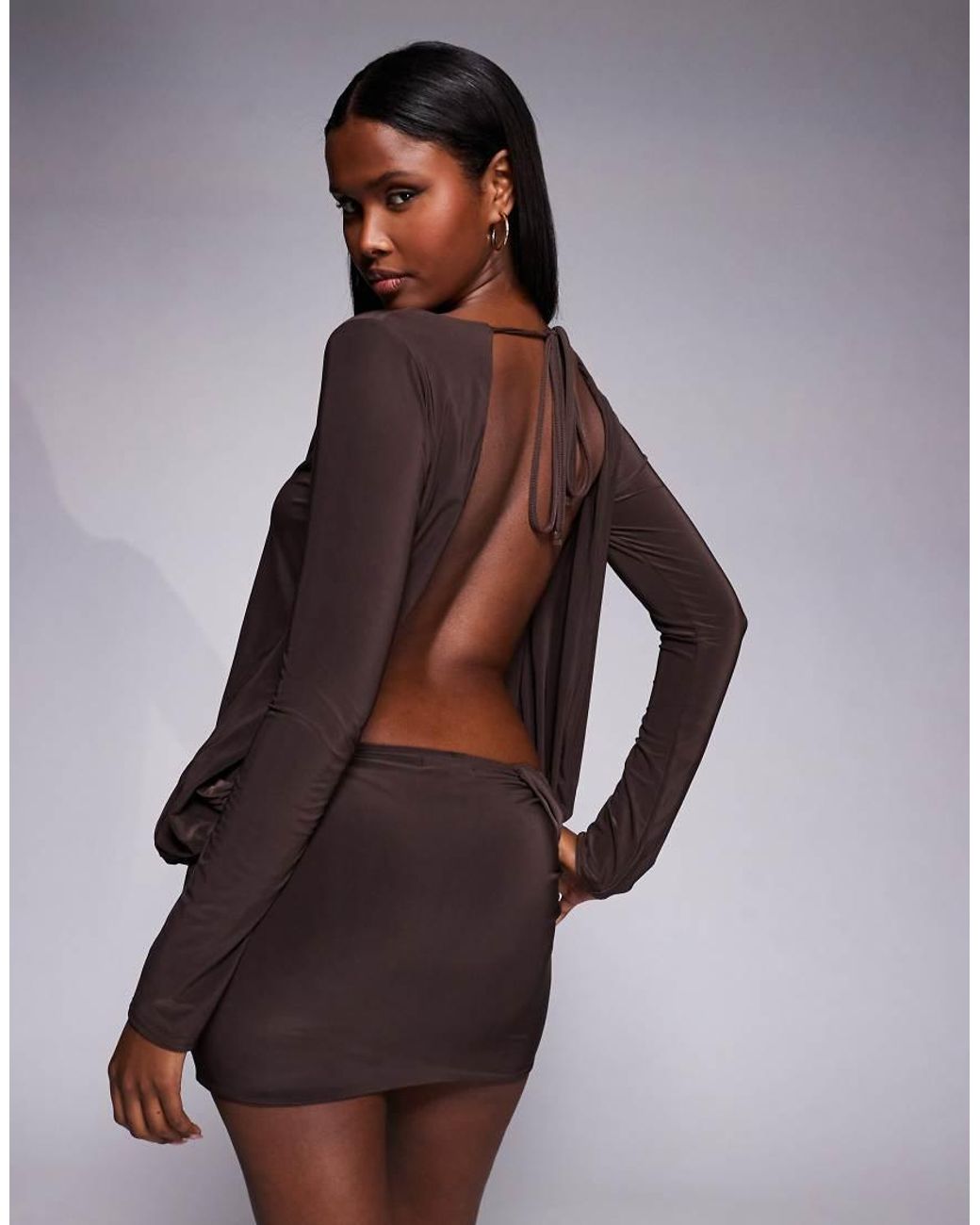 Fashionkilla Purple Exclusive Double Sculpted Slinky Long Sleeve Fold Over Waist Detail Open Tie Back Mini Dress