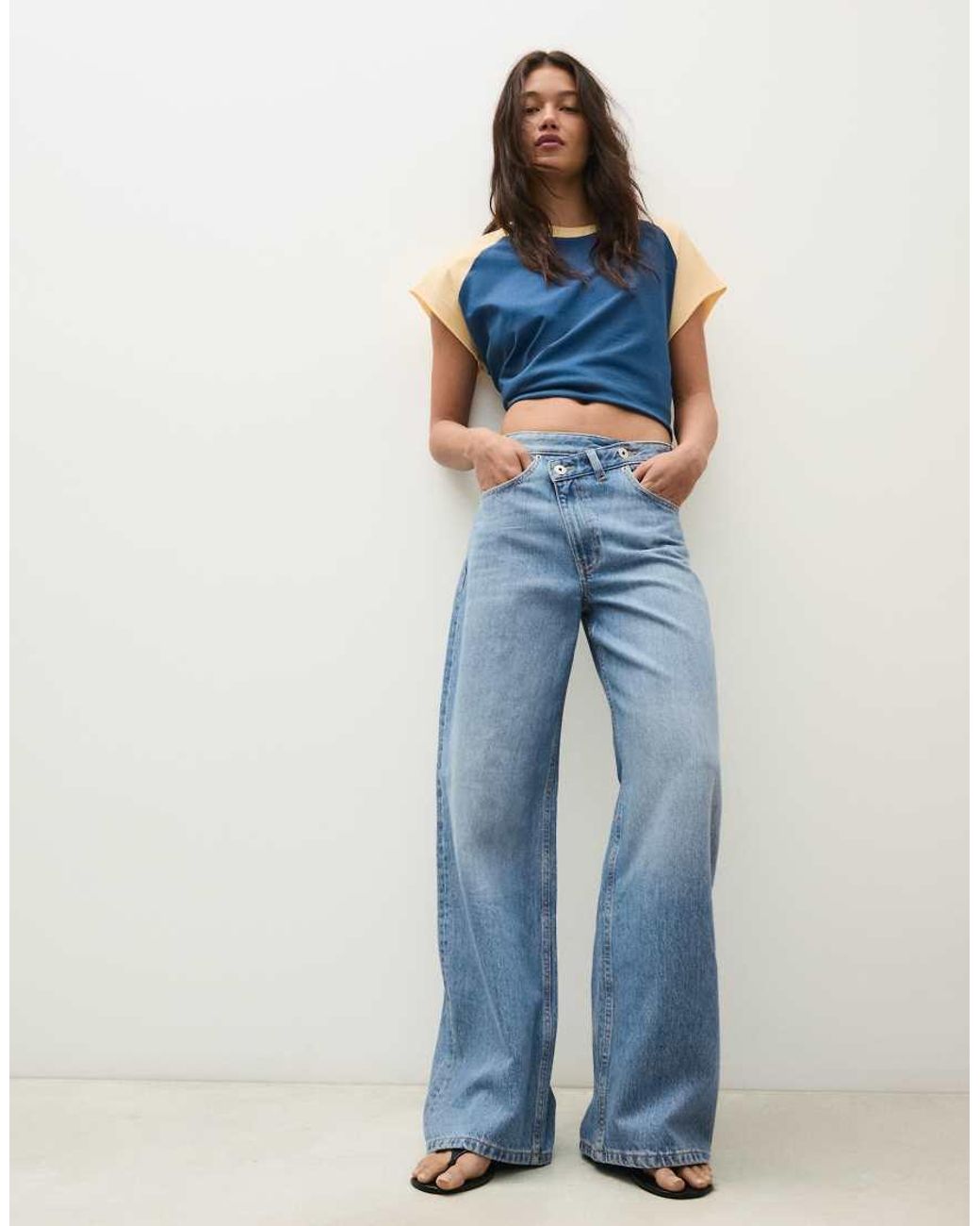 Bershka Blue Wide-leg Cross-waist Jeans