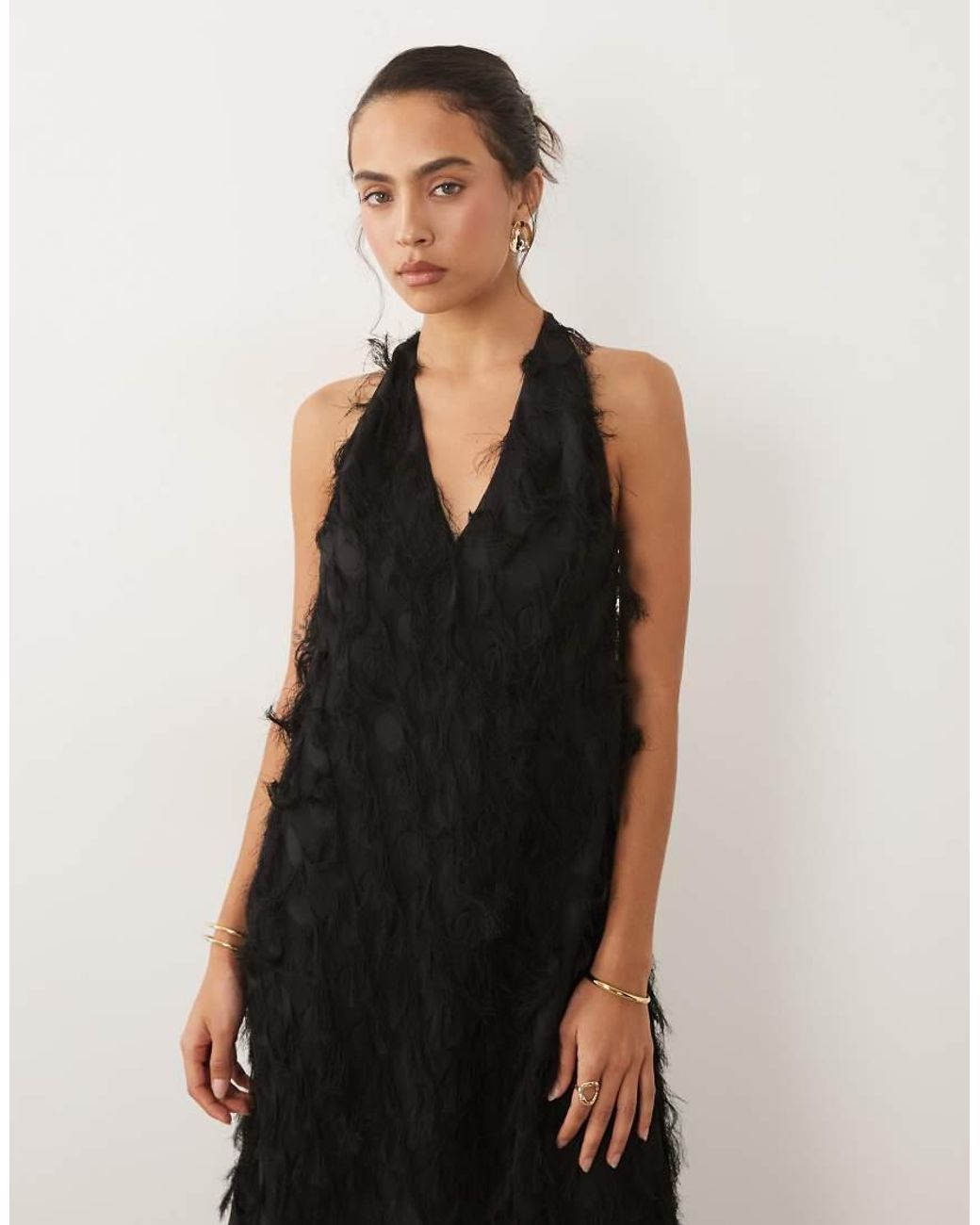 ASOS Black Textured Fringe Plunge Backless Halter Maxi Dress