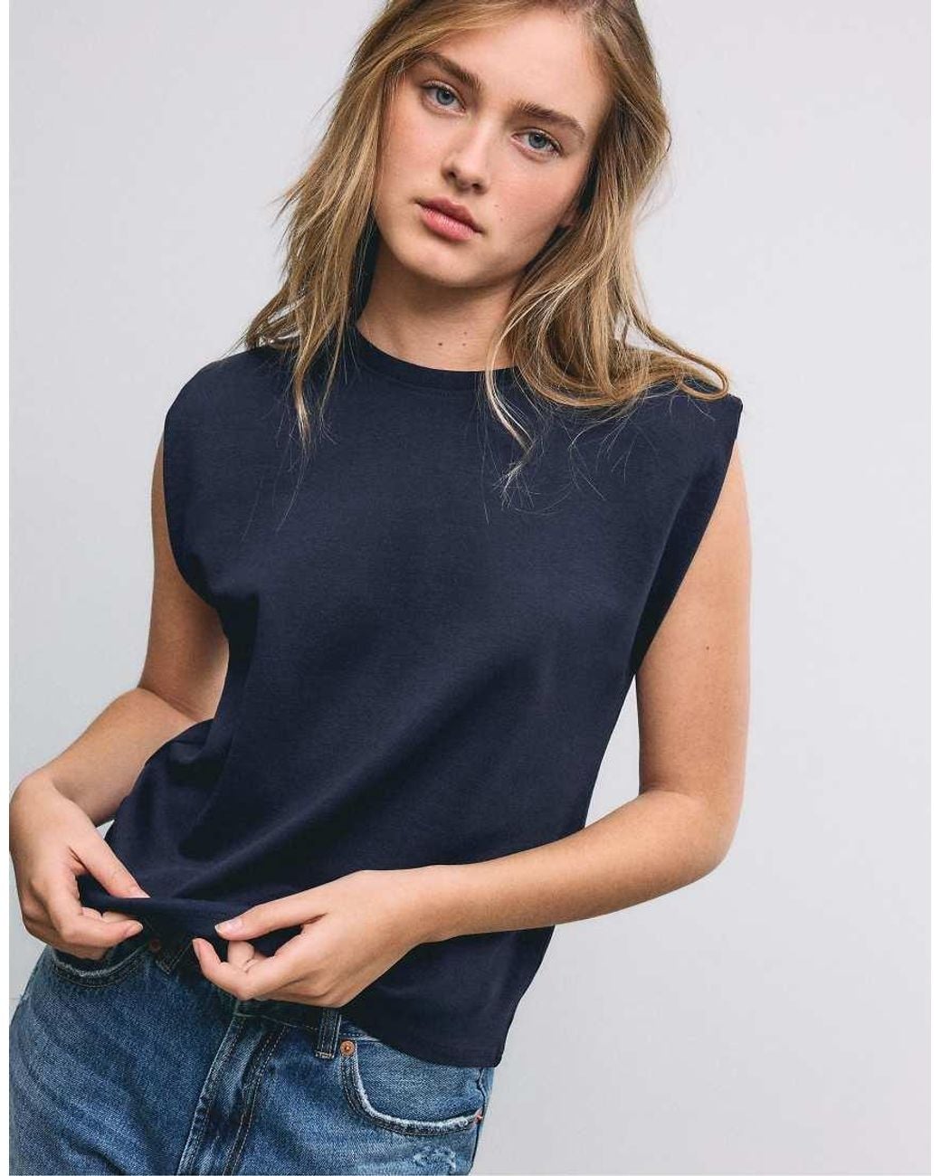 Stradivarius Blue Basic T-shirt With Padded Shoulders