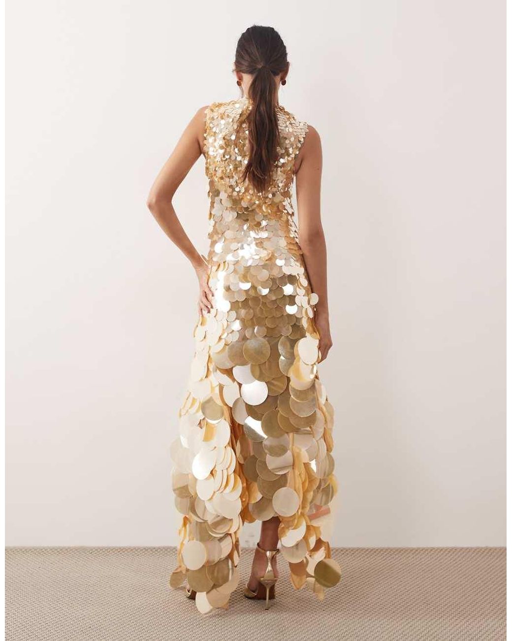 ARRANGE Natural Embellished Sequin High Neck Maxi Dress