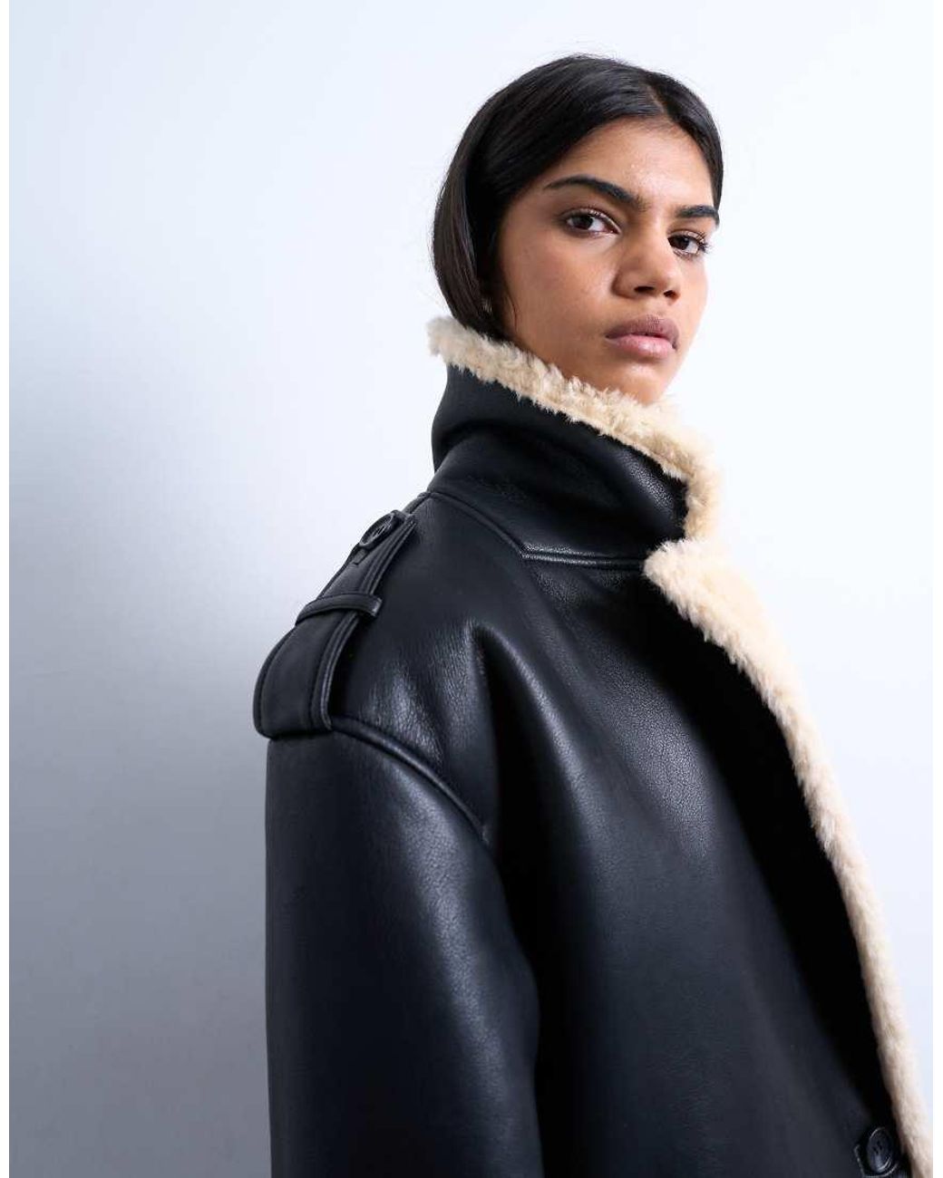TOPSHOP Blue Longline Oversized Funnel Aviator Borg Coat