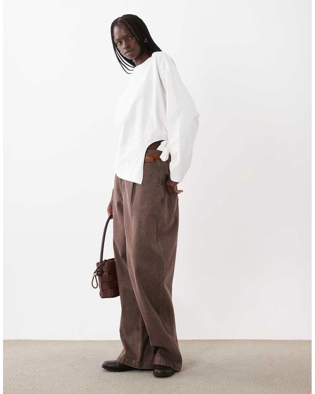 ASOS White Knotted Hem Detail Crew Neck Long Sleeve Top