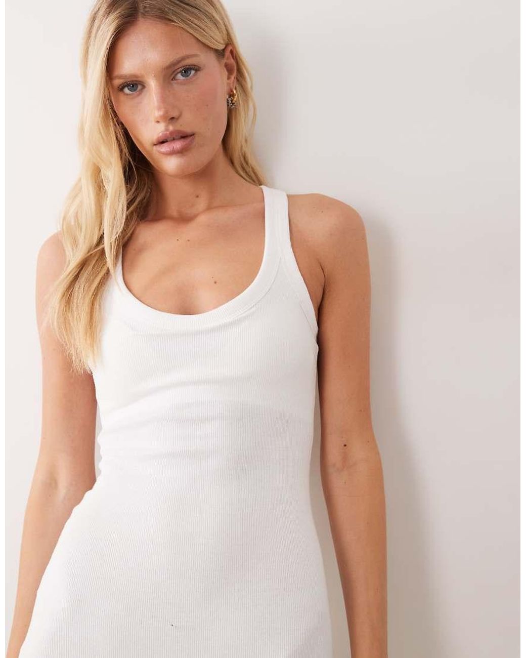 ASOS White Rib Scoop Neck With Bra Cup Midi Dress