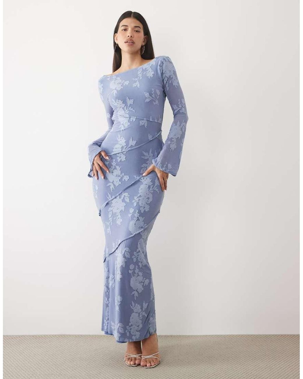 ASOS Blue Devore Long Sleeve Open Back Maxi Dress