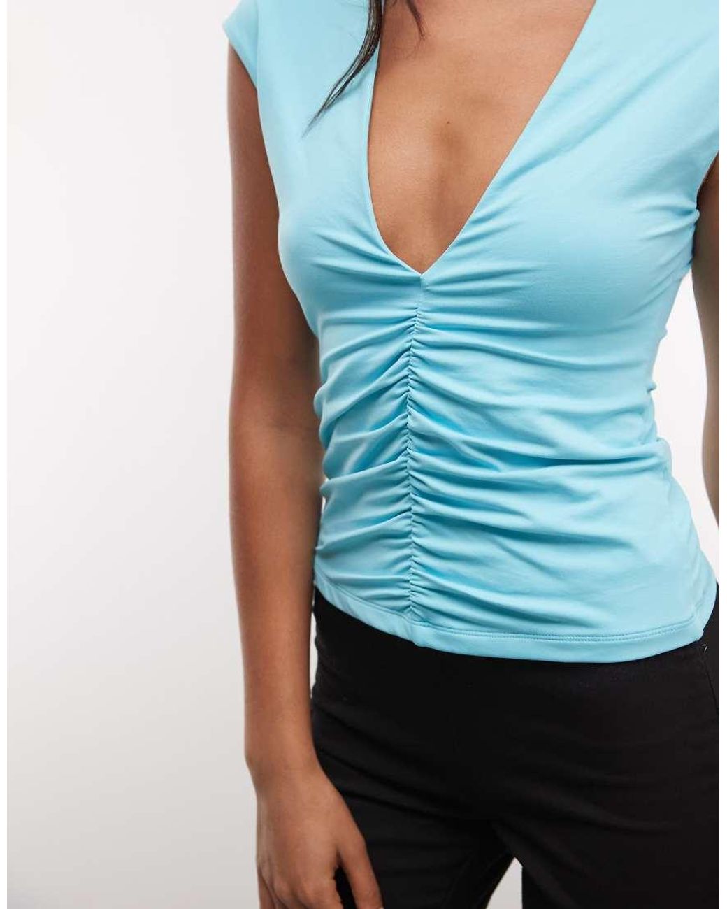 ASOS Blue Plunge Open Front Short Sleeve Ruched Top