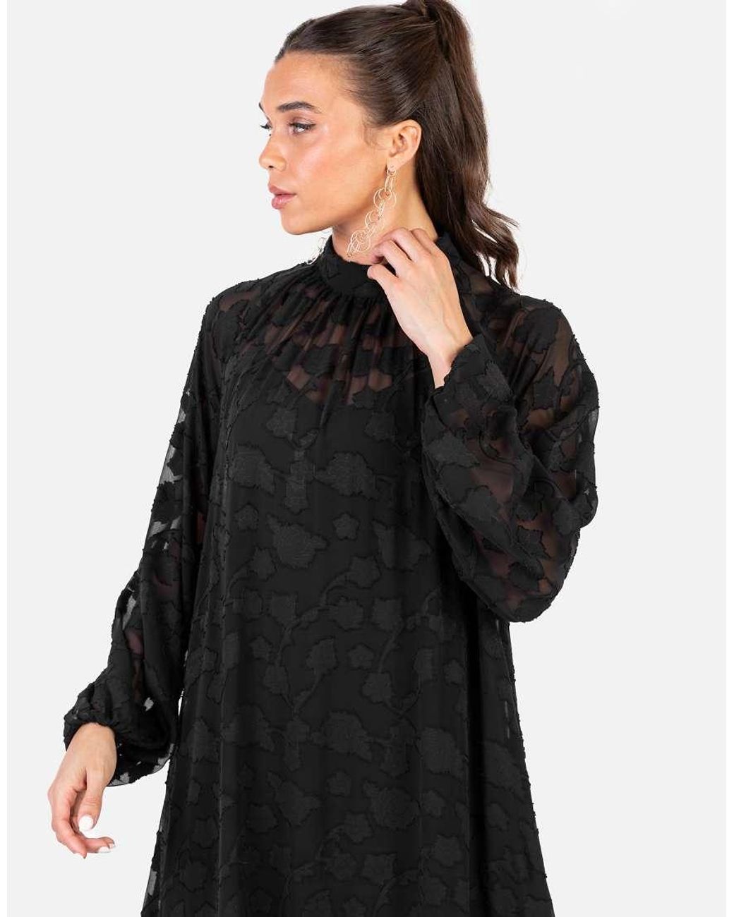 ANAYA Black Floral Burnout Long Sleeve Trapeze Midaxi Dress