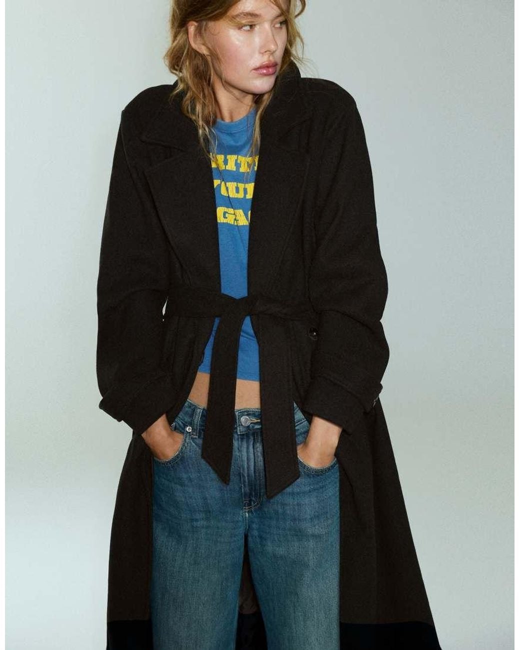 Pull&Bear Blue Long Belted Coat