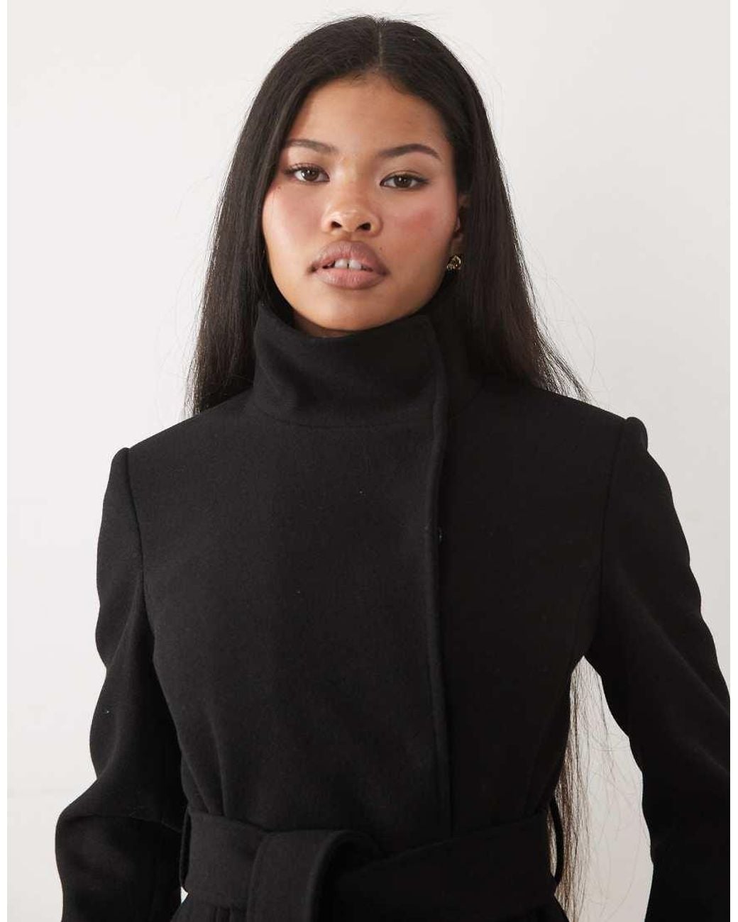 Forever New Black High Neck Belt Detail Long Line Coat
