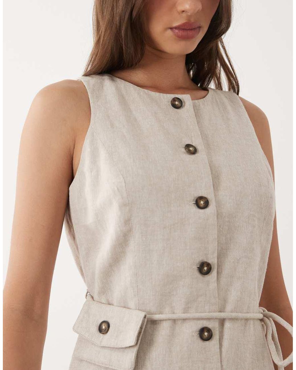 Y.A.S Natural Linen Blend Tailored Mini Dress With Purse Tie Detail