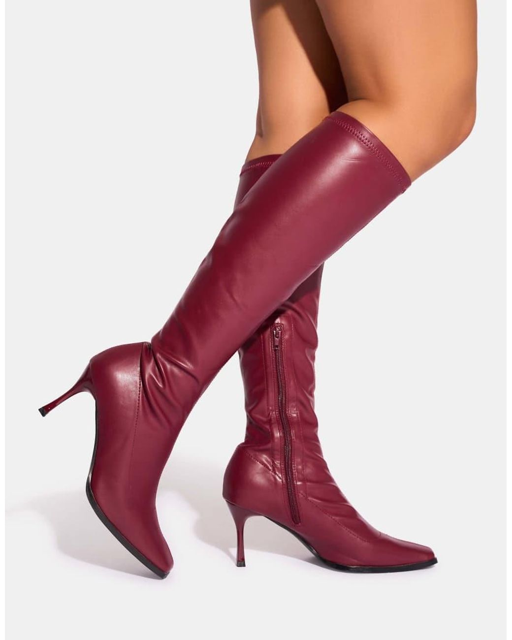 Public Desire Red Scorpion Burgundy Mid Heel Sock Knee High Boots