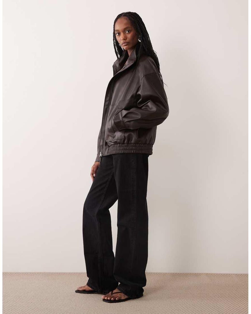ASOS Brown Asos Design Tall Oversized Leather Look Funnel Bomber Jacket