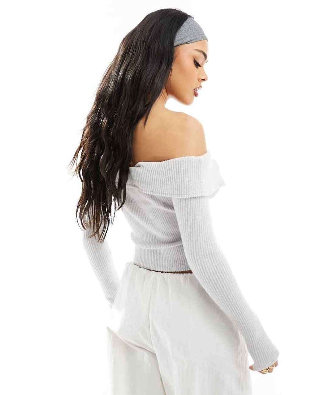 ASOS White Cosy Knitted Fold Over Bardot Top